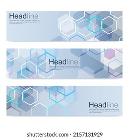 Wissenschaftlicher Satz moderner Vektorbanner. Struktur des DNA-Moleküls mit verbundenen Linien und Punkten. Wissenschaft, Vektorhintergrund. Medizin, Technologie, Chemie-Design.