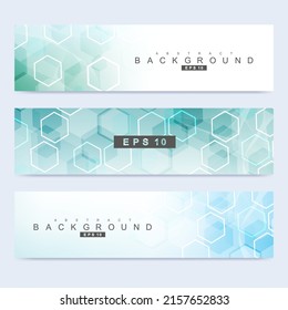 Conjunto científico de pancartas vectoriales modernas. Estructura de moléculas de ADN con líneas y puntos conectados. Fondo del vector de la ciencia. Diseño médico, tecnológico, químico.