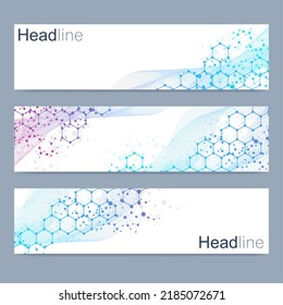 Scientific set of modern vector banners. DNA molecule structure with connected lines and dots. Scientific and technology concept. Wave flow graphic background for your design. Vector illustration.