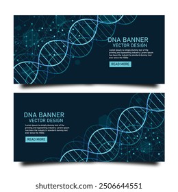 Scientific set of modern vector banners. DNA molecule structure with connected lines and dots.