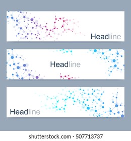 Scientific set of modern vector banners. DNA molecule structure with connected lines and dots. Science vector background. Medical, tecnology, chemistry design