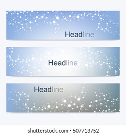Scientific set of modern vector banners. DNA molecule structure with connected lines and dots. Science vector background. Medical, tecnology, chemistry design.
