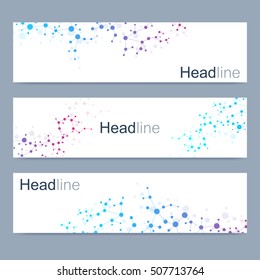 Scientific set of modern vector banners. DNA molecule structure with connected lines and dots. Science vector background. Medical, tecnology, chemistry design
