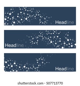 Scientific set of modern vector banners. DNA molecule structure with connected lines and dots. Science vector background. Medical, tecnology, chemistry design