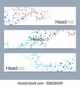 Scientific set of modern vector banners. DNA molecule structure with connected lines and dots. Science vector background. Medical, tecnology, chemistry design