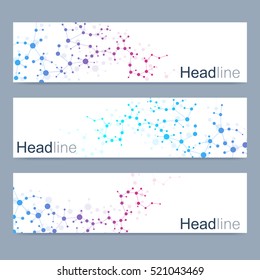 Scientific set of modern vector banners. DNA molecule structure with connected lines and dots. Science vector background. Medical, tecnology, chemistry design.