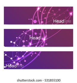 Scientific set of modern vector banners. DNA molecule structure with connected lines and dots. Science vector background. Medical, tecnology, chemistry design
