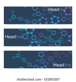 Scientific set of modern vector banners. DNA molecule structure with connected lines and dots. Science vector background. Medical, tecnology, chemistry design