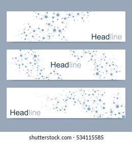 Scientific set of modern vector banners. DNA molecule structure with connected lines and dots. Science vector background. Medical, tecnology, chemistry design