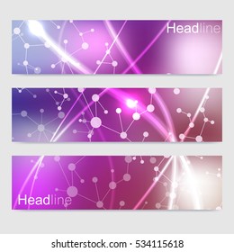 Scientific set of modern vector banners. DNA molecule structure with connected lines and dots. Science vector background. Medical, tecnology, chemistry design