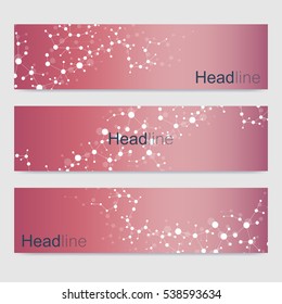 Scientific set of modern vector banners. DNA molecule structure with connected lines and dots. Science vector background. Medical, tecnology, chemistry design