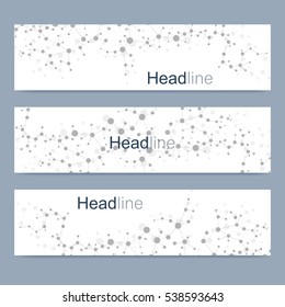 Scientific set of modern vector banners. DNA molecule structure with connected lines and dots. Science vector background. Medical, tecnology, chemistry design
