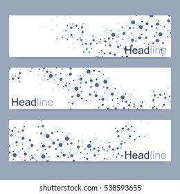 Scientific set of modern vector banners. DNA molecule structure with connected lines and dots. Science vector background. Medical, tecnology, chemistry design