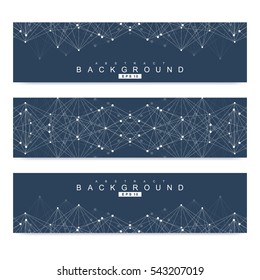 Scientific set of modern vector banners. DNA molecule structure with connected lines and dots. Science vector background. Medical, tecnology, chemistry design