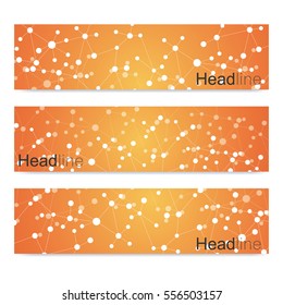 Scientific set of modern vector banners. DNA molecule structure with connected lines and dots. Science vector background. Medical, tecnology, chemistry design
