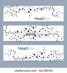 Scientific set of modern vector banners. DNA molecule structure with connected lines and dots. Science vector background. Medical, tecnology, chemistry design.