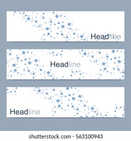 Scientific set of modern vector banners. DNA molecule structure with connected lines and dots. Science vector background. Medical, tecnology, chemistry design