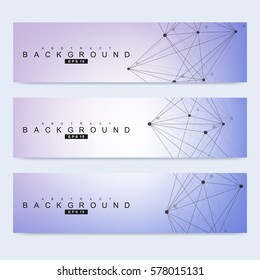Scientific set of modern vector banners. DNA molecule structure with connected lines and dots. Science vector background. Medical, tecnology, chemistry design