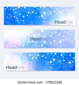 Scientific set of modern vector banners. DNA molecule structure with connected lines and dots. Science vector background. Medical, tecnology, chemistry design.