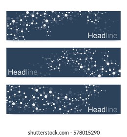Scientific set of modern vector banners. DNA molecule structure with connected lines and dots. Science vector background. Medical, tecnology, chemistry design