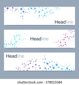 Scientific set of modern vector banners. DNA molecule structure with connected lines and dots. Science vector background. Medical, tecnology, chemistry design