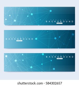 Scientific set of modern vector banners. DNA molecule structure with connected lines and dots. Science vector background. Medical, tecnology, chemistry design