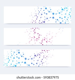 Scientific set of modern vector banners. DNA molecule structure with connected lines and dots. Science vector background. Medical, tecnology, chemistry design