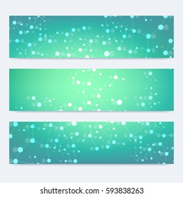 Scientific set of modern vector banners. DNA molecule structure with connected lines and dots. Science vector background. Medical, tecnology, chemistry design