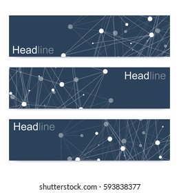 Scientific set of modern vector banners. DNA molecule structure with connected lines and dots. Science vector background. Medical, tecnology, chemistry design