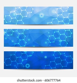 Scientific set of modern vector banners. DNA molecule structure with connected lines and dots. Science vector background. Medical, tecnology, chemistry design.