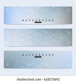 Scientific set of modern vector banners. DNA molecule structure with connected lines and dots. Science vector background. Medical, tecnology, chemistry design