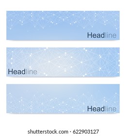 Scientific set of modern vector banners. DNA molecule structure with connected lines and dots. Science vector background. Medical, tecnology, chemistry design.