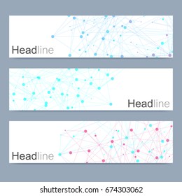 Scientific set of modern vector banners. DNA molecule structure with connected lines and dots. Science vector background. Medical, tecnology, chemistry design