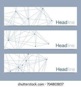 Scientific set of modern vector banners. DNA molecule structure with connected lines and dots. Science vector background. Medical, tecnology, chemistry design. Vector illustration