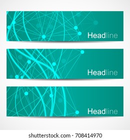 Scientific set of modern vector banners. DNA molecule structure with connected lines and dots. Science vector background. Medical, tecnology, chemistry design.