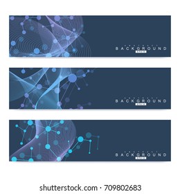 Scientific set of modern vector banners. DNA molecule structure with connected lines and dots. Science vector background. Medical, tecnology, chemistry design