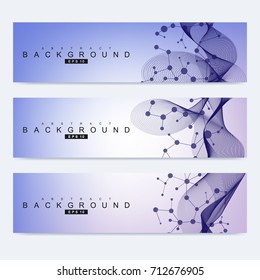 Scientific set of modern vector banners. DNA molecule structure with connected lines and dots. Science vector background. Medical, tecnology, chemistry design