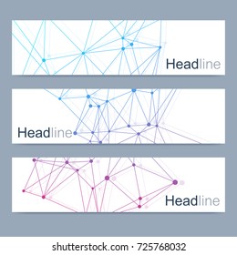 Scientific set of modern vector banners. DNA molecule structure with connected lines and dots. Science vector background. Medical, tecnology, chemistry design