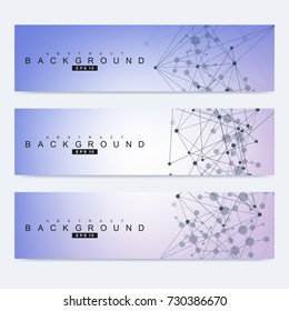 Scientific set of modern vector banners. DNA molecule structure with connected lines and dots. Science vector background. Medical, tecnology, chemistry design