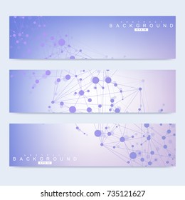 Scientific set of modern vector banners. DNA molecule structure with connected lines and dots. Science vector background. Medical, tecnology, chemistry design