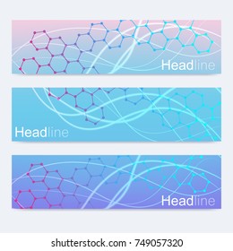 Scientific set of modern vector banners. DNA molecule structure with connected lines and dots. Science vector background. Medical, tecnology, chemistry design