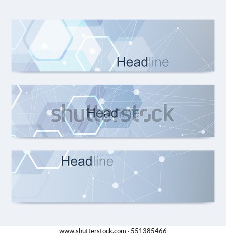 Scientific set of modern vector banners. DNA molecule structure with connected lines and dots. Science vector background. Medical, tecnology, chemistry design