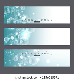 Scientific set of modern vector banners.Futuristic digital science technology concept for web banner template or brochure. Science vector background. Medical, tecnology, chemistry design
