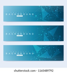 Scientific set of modern vector banners.Futuristic digital science technology concept for web banner template or brochure. Science vector background. Medical, tecnology, chemistry design