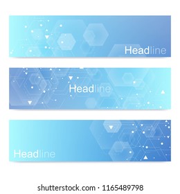 Scientific set of modern vector banners.Futuristic digital science technology concept for web banner template or brochure. Science vector background. Medical, tecnology, chemistry design