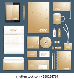 Scientific set of vector corporate identity template. Modern stationery mock-up. Geometric graphic background molecule and communication. Business, science, medicine and technology branding design