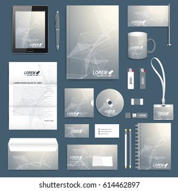 Scientific set of vector corporate identity template. Modern stationery mock-up. Geometric graphic background molecule and communication. Business, science, medicine and technology branding design
