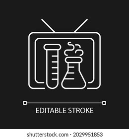 Scientific show white linear icon for dark theme. Educational TV series for learning science. Thin line customizable illustration. Isolated vector contour symbol for night mode. Editable stroke