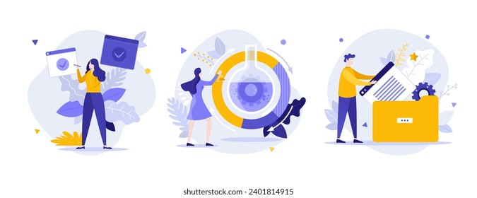 Scientific solutions for startup flat concept vector illustrations set. Internet content setups of business cartoon composition. Innovation in commerce creative idea for website, presentation