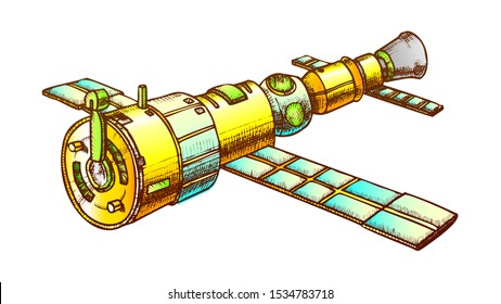 Scientific Space Exploring Satellite Ink Vector. Satellite For Navigation System And Explore Cosmos And Earth Planet. Cosmic Station Hand Drawn In Vintage Style Color Illustration